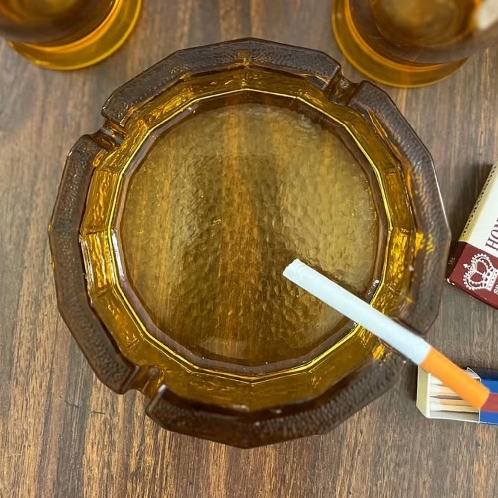 Vintage Blenko Amber Glass Ashtray – Mid-Century Modern Paneled Textured Dish 💛